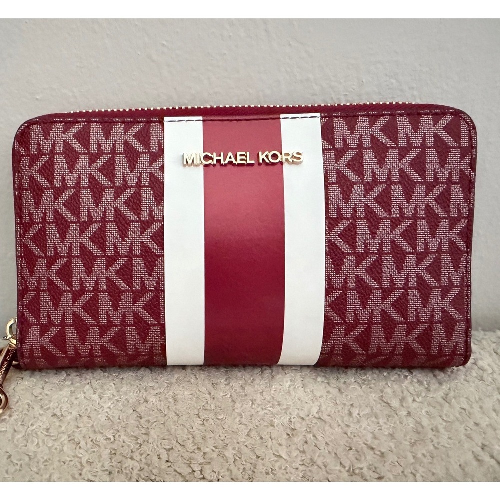 Michael Kors Burgundy Monogram Stripe Satchel Crossbody Bag and Wallet Wristlet - Picture 12 of 16